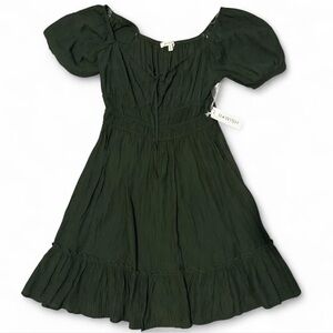 R+WISH Green Puff Sleeve Midi Dress Boho Prairie Cottagecore Smocked Waist NWT